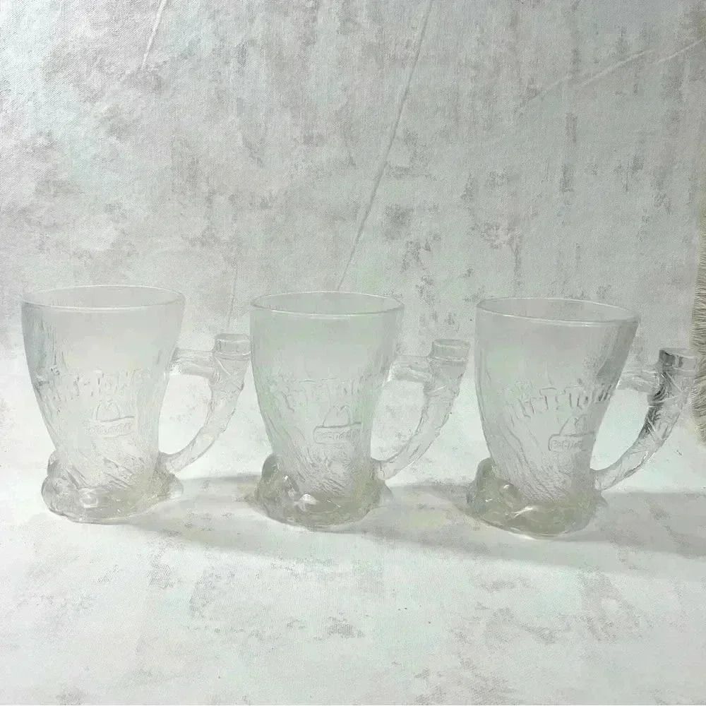 Flintstones 3 Mammoth Mugs Clear Embossed Glass 1993 McDonald's 4.5" Vintage